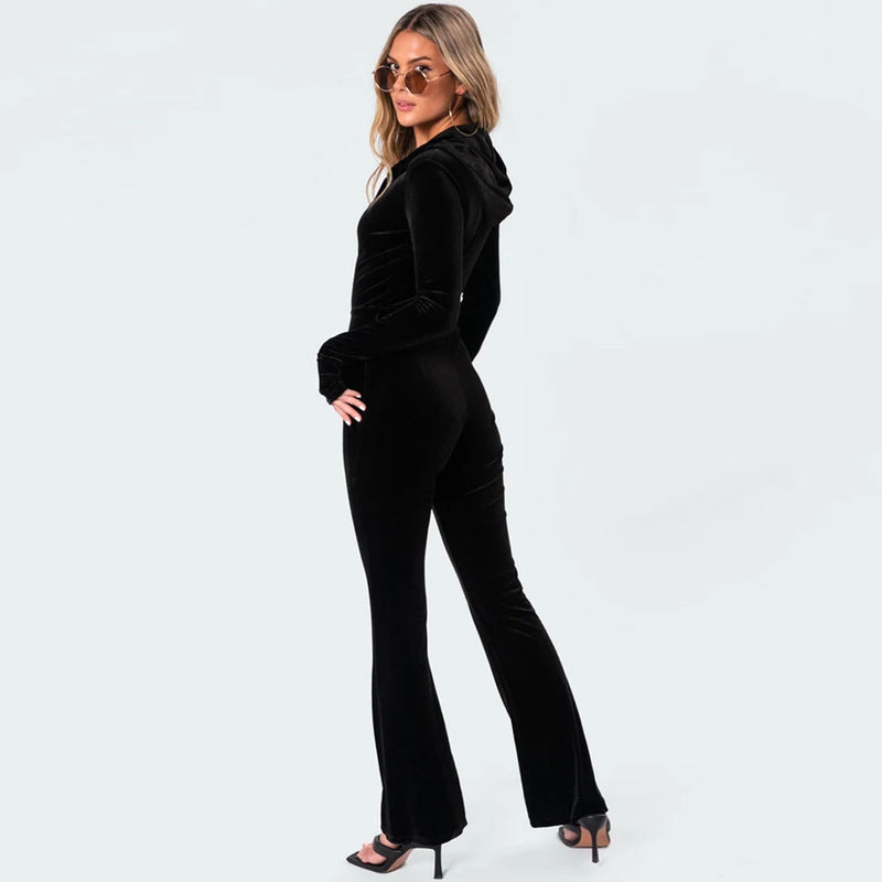 Vintage Hooded Zip Up Long Sleeve Velvet Flared Jumpsuit - Black