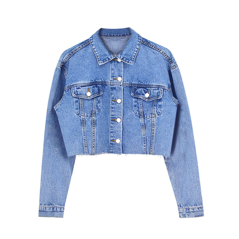 Vintage Long Sleeve Button Up Frayed Crop Denim Jacket - Blue