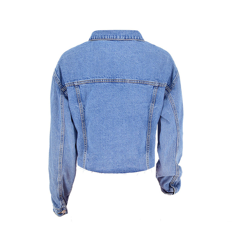 Vintage Long Sleeve Button Up Frayed Crop Denim Jacket - Blue