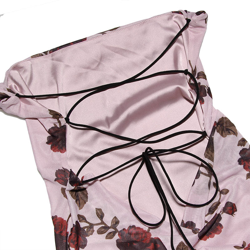 Vintage Mesh Flower Print Fishtail Drape Trim Lace Up Back Maxi Dress - Pink