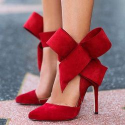 Vintage Pointed Toe Ankle Strap Suede Stiletto Butterfly Heels - Red