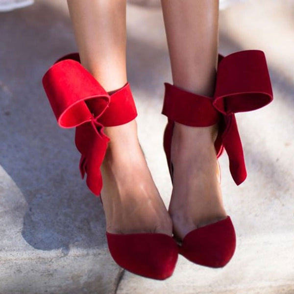 Vintage Pointed Toe Ankle Strap Suede Stiletto Butterfly Heels - Red