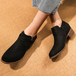 Vintage Pointed Toe Block Heel Buckle Strap Suede Ankle Boots - Black