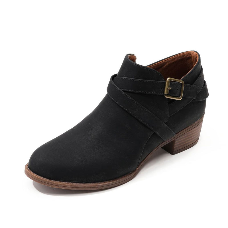 Vintage Pointed Toe Block Heel Buckle Strap Suede Ankle Boots - Black
