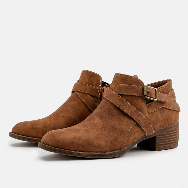Vintage Pointed Toe Block Heel Buckle Strap Suede Ankle Boots - Brown