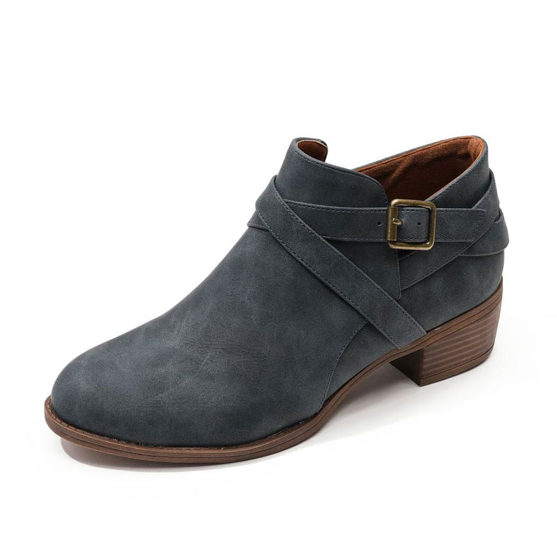 Vintage Pointed Toe Block Heel Buckle Strap Suede Ankle Boots - Gray Blue