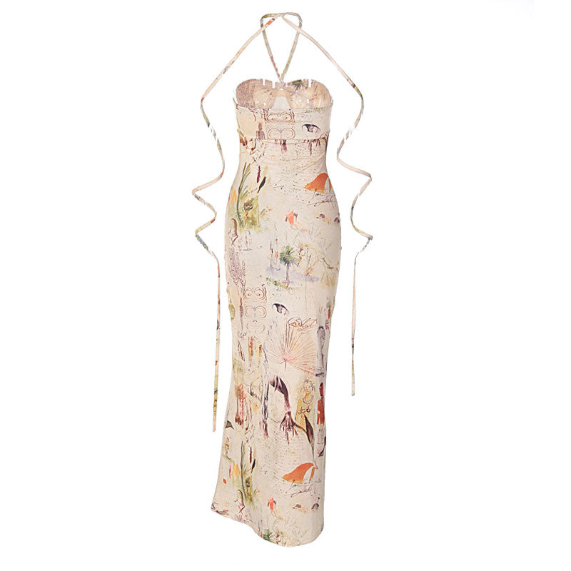 Vintage Print Halter Neck Fishtail Trim Sleeveless Maxi Dress - Apricot