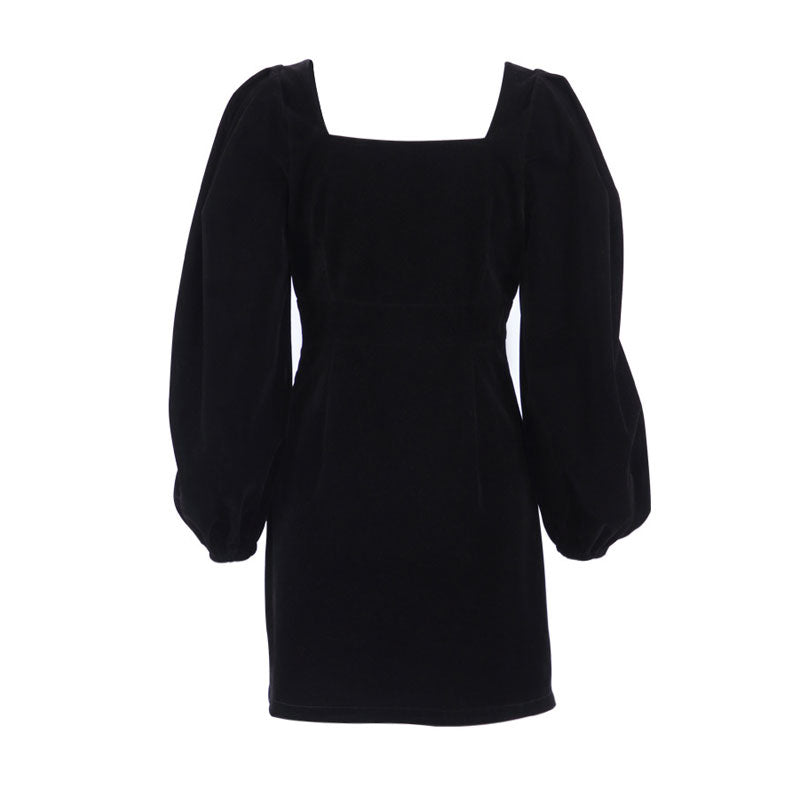 Vintage Puff Sleeve Square Neck Velvet Party Mini Dress - Black