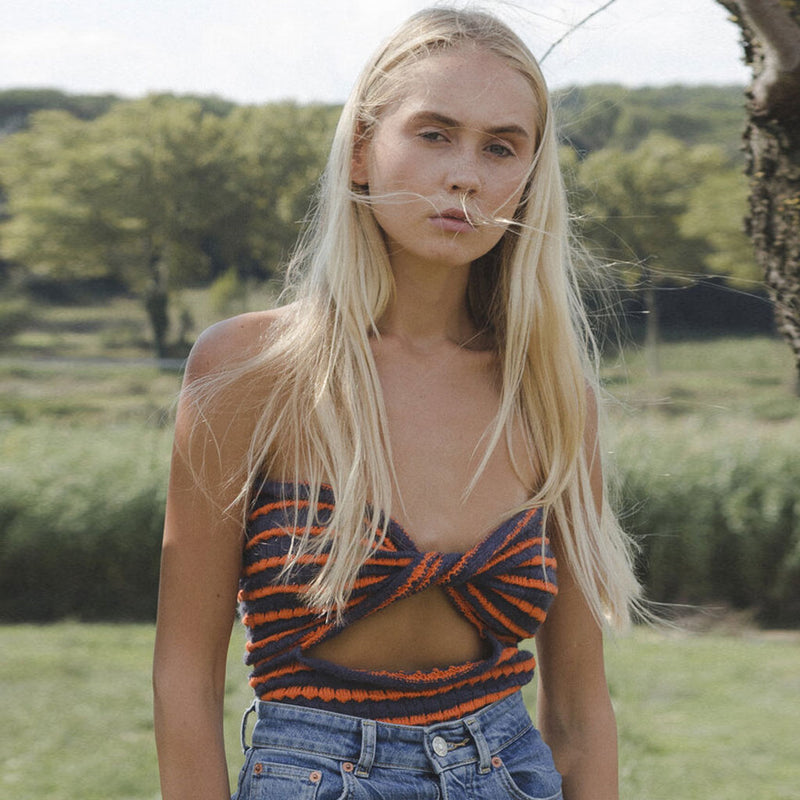 Vintage Striped Strapless Twist Front Cut Out Crop Knit Top - Orange