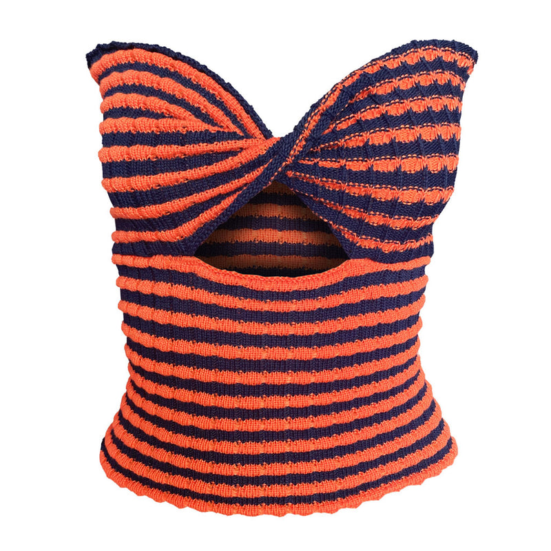Vintage Striped Strapless Twist Front Cut Out Crop Knit Top - Orange