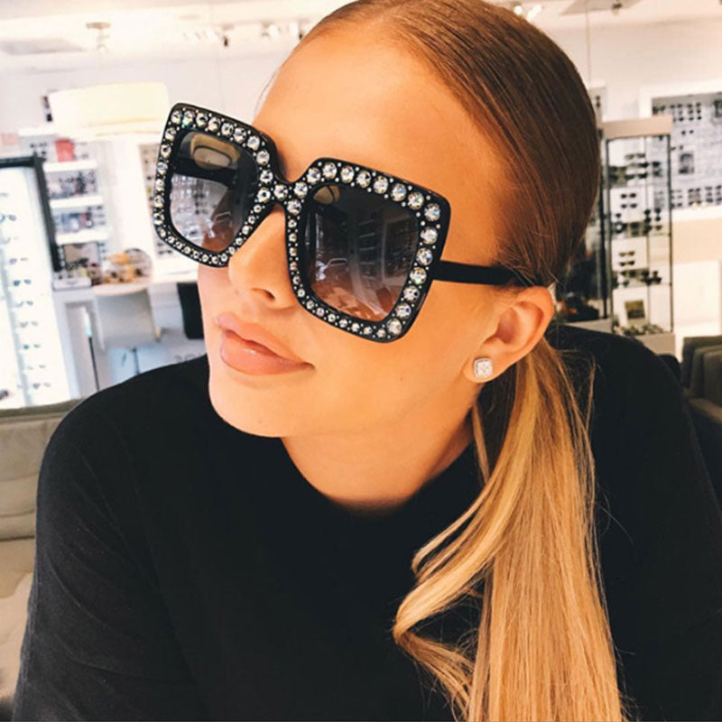 Vintage Style Galaxy Rhinestone Frame Square Sunglasses - Black