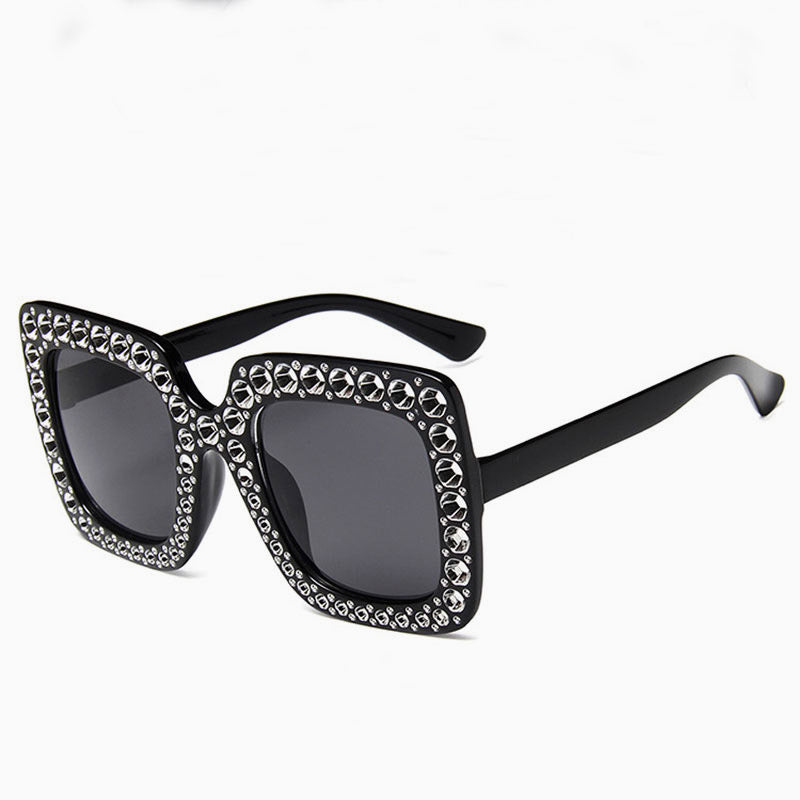 Vintage Style Galaxy Rhinestone Frame Square Sunglasses - Black