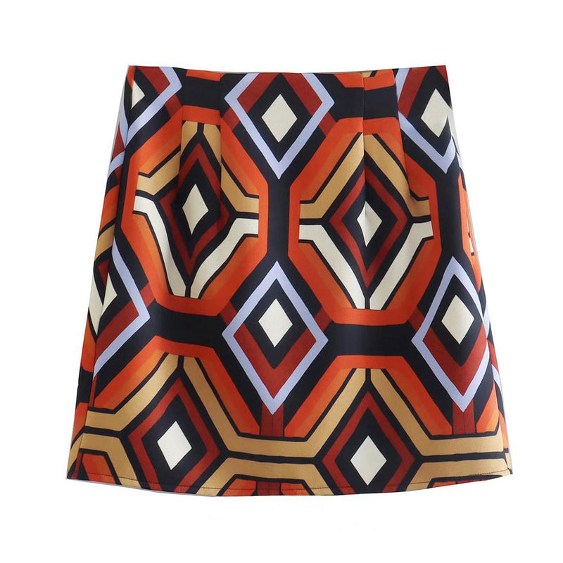 Vintage Style Geometric Print High Waist Bodycon Mini Skirt - Multicolor