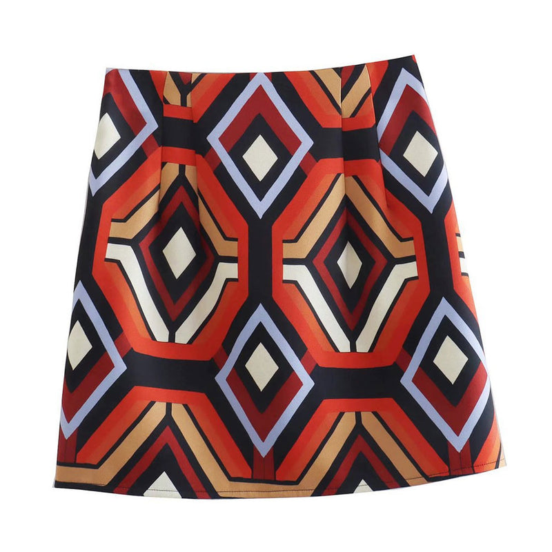 Vintage Style Geometric Print High Waist Bodycon Mini Skirt - Multicolor