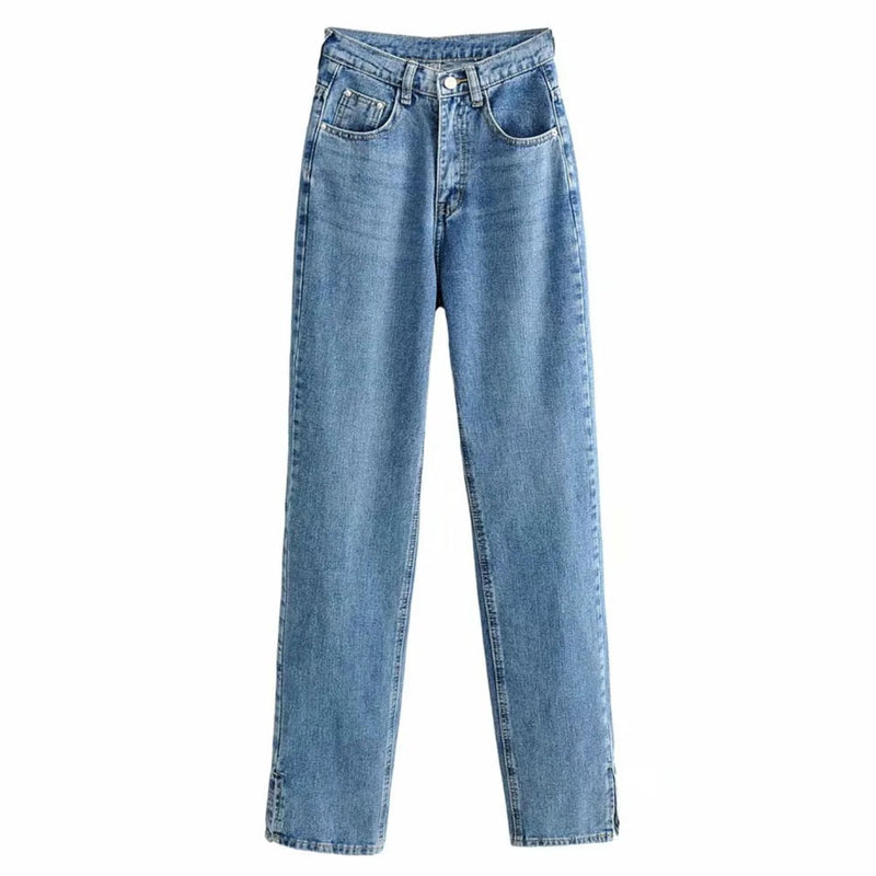 Vintage Style High Waist Side Slit Straight Leg Jeans - Dark Blue