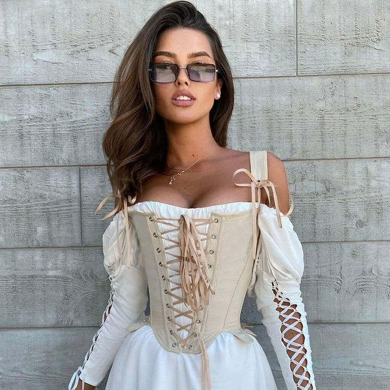 Vintage Style Scalloped Edge Lace Up Boned Crop Corset Top