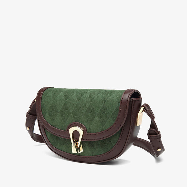 Vintage Suede Argyle Pattern Faux Leather Crossbody Saddle Bag - Green
