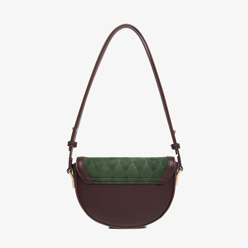 Vintage Suede Argyle Pattern Faux Leather Crossbody Saddle Bag - Green