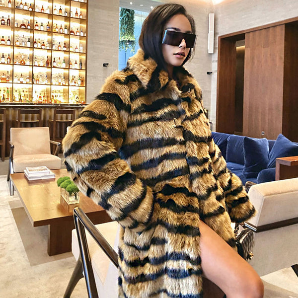 Wild Animal Print Open Front Collared Faux Fur Teddy Trench Coat - Tiger