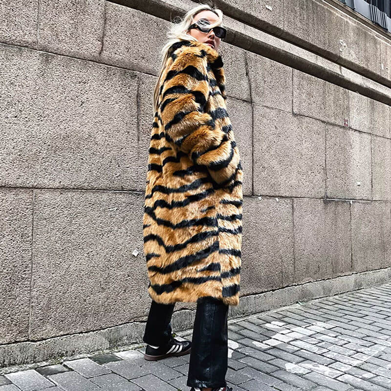 Wild Animal Print Open Front Collared Faux Fur Teddy Trench Coat