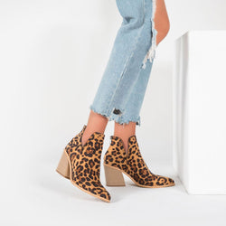 Wild Pointed Toe Notch Trim Chunky Heel Suede Ankle Boots - Leopard