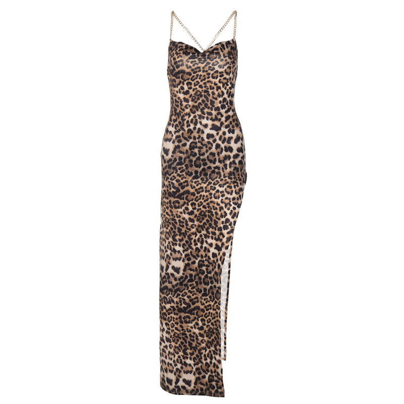 Wild Printed High Slit Cowl Neck Cross Chain Backless Maxi Dress - Leopard